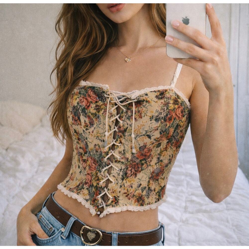 Finesse Tapestry Corset Top Lace Up Floral Cottagecore Size S